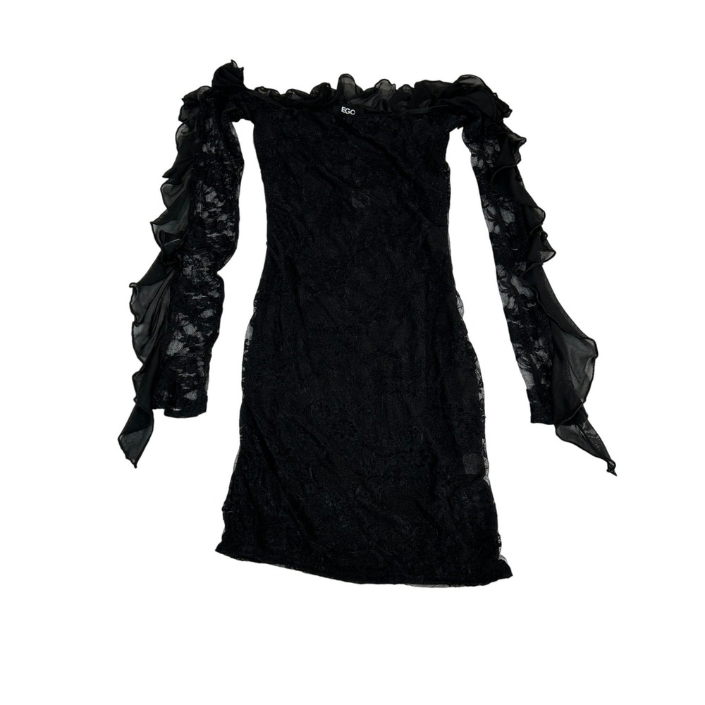 EGO Black Lace Frill Bardot Mini Dress Long Sleeve Off Shoulder‎ Size US 2 NEW